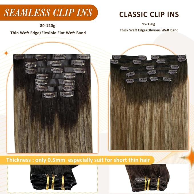 Full Shine Human Clip in Hair Extensions Ombre Seamless Clip ins Dark Brown Balayage Medium Brown Mix Honey Blonde Black Hair Extensions 16 Inch 120 G 8 PCS
