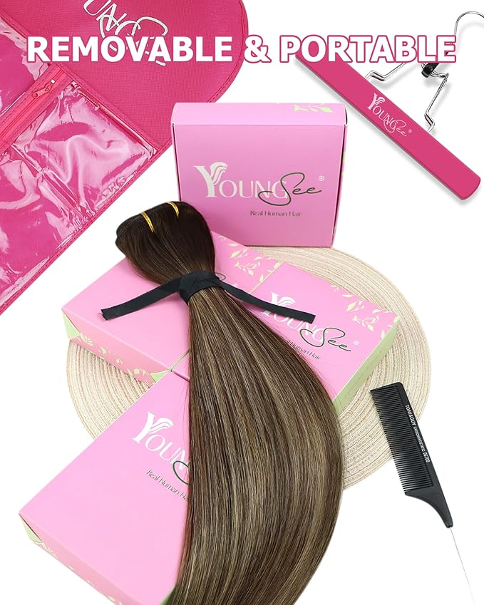YoungSee Clip in Human Hair Extensions Brown Balayage Clip in Real Hair Extensions Dark Brown with Caramel Blonde Balayage Remy Hair Human Extension Clip ins Long Straight Hair Extension 22Inch 120G