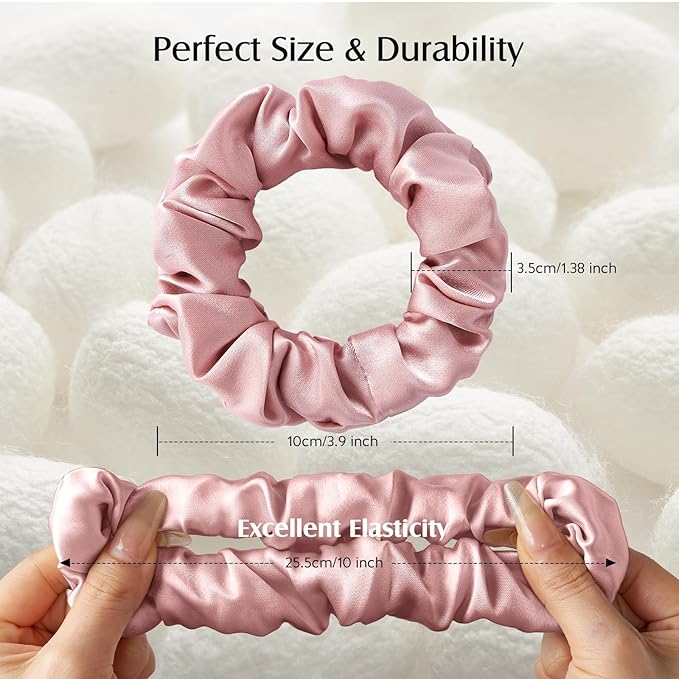 YFONG 3 PCS 100% Mulberry Silk Scrunchies for Women Girls, 22 Momme Soft Hair Ties for Frizz & Breakage Prevention, Elastic Ponytail Holders Gentle And No hurt, (Pink+Black+Champagne)