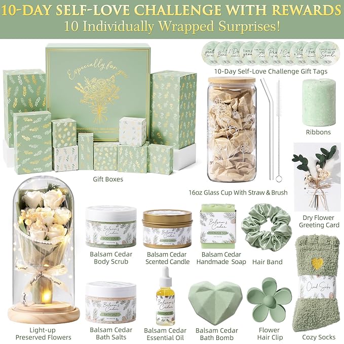Christmas Gifts for Women & Teenage Girls, 10 Day Self Love Challenge to Unlock 10 Wrapped Spa Gift Baskets, Tween Teen Girl Trendy Stuff Bath Shower Sets Self Care Birthday Gifts Stocking Stuffers