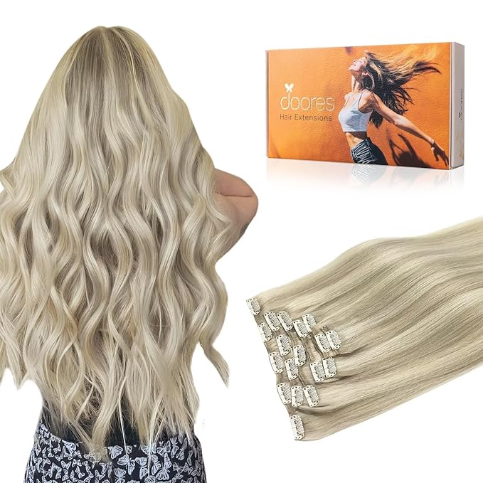 DOORES Clip in Hair Extensions Human Hair Balayage Ash Blonde Highlighted Platinum Blonde 120g 7pcs 20 Inch Remy Human Hair Extensions Clip in Straight Natural Weft