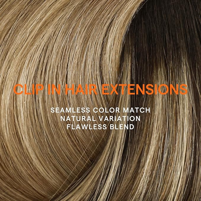Full Shine Clip in Hair Extensions Human Hair Balayage 24 Inch Ombre Dark Brown to Light Brown Mix Caramel Blonde Long Human Hair Clip in Extensions for Women 7 Pcs 120 G