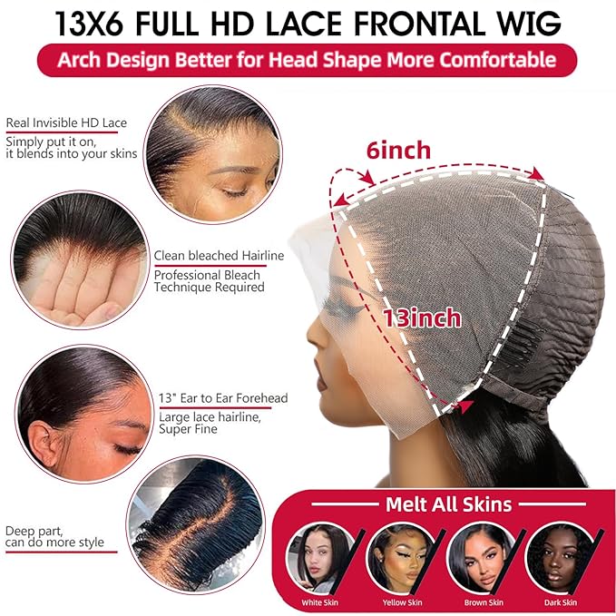 VIPbeauty 13x6 Full Lace Frontal Human Hair Wigs - 180 Density Pre-Bleached Knots - 12A HD Transparent Body Wave Lace Front Wigs - Women's 18Inch