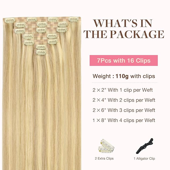 GOO GOO Clip in Hair Extensions Real Human Hair, Remy Human Hair Extensions Clip ins for Women, Natural Human Hair, 12inch 85g 7Pcs, #18D/22F Dirty Blonde Highlights