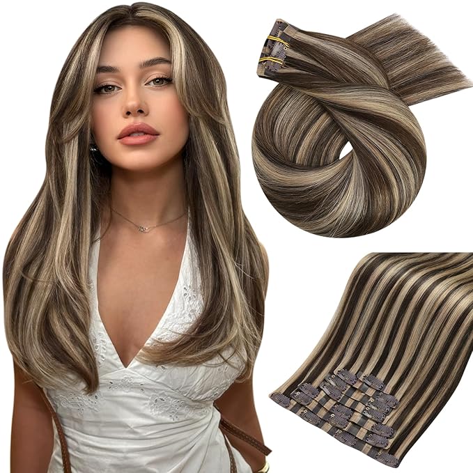 Moresoo Seamless Hair Extensions Clip in Dark Brown with Caramel Blonde 22 Inches Clip in Hair Extensions Real Human Hair Clip in Extensions for Thick Hair 120g 7pcs