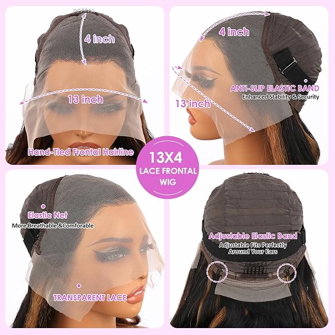 Ombre Lace Front Wig Human Hair Highlight Body Wave Lace Front Wigs Human Hair Pre Plucked 13x4 Transparent Lace Frontal Wig 200 Density Glueless 1B/30 Highlighted Wigs 20 Inch