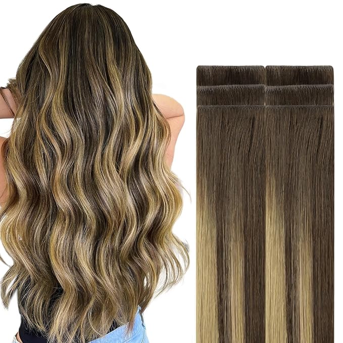 GOO GOO Invisi Edge Tape in Hair Extensions Human Hair, 4/27/4 Balayage Chocolate Brown to Caramel Blonde, 6pcs 10inch 15g, Virgin Remy Hair, Seamless Injected Tape, Natural Look
