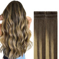 GOO GOO Invisi Edge Tape in Hair Extensions Human Hair, 4/27/4 Balayage Chocolate Brown to Caramel Blonde, 6pcs 18inch 15g, Virgin Remy Hair, Seamless Injected Tape, Natural Look