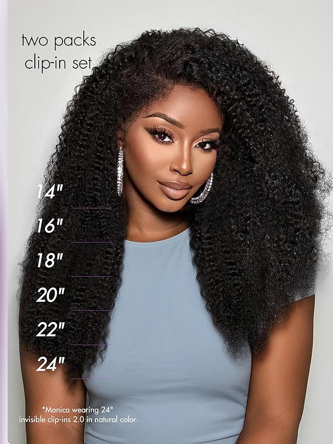 LUVME Invisible Clip ins Hair Extensions Deep Kinky Curly Real Human Hair Remy Hair Clip ins for Women, Natural Human Hair, 24 inch 110g 6Pcs, Natural Black