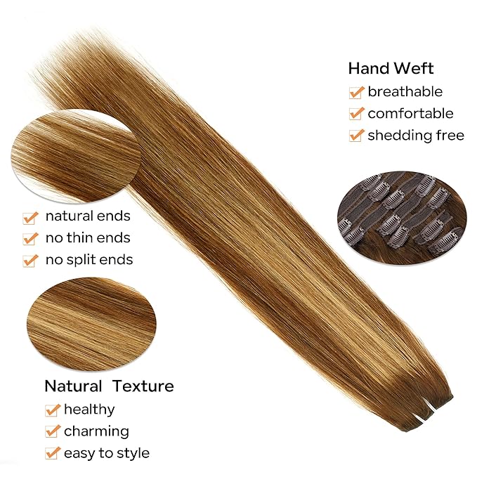 Straight Clip In Hair Extensions Real Human Hair 8Pcs Clip In Balayage Chocolate Brown to Caramel Blonde Human Hair Extensions with 18Clips Lace Weft 120g 18inch #4/27/4