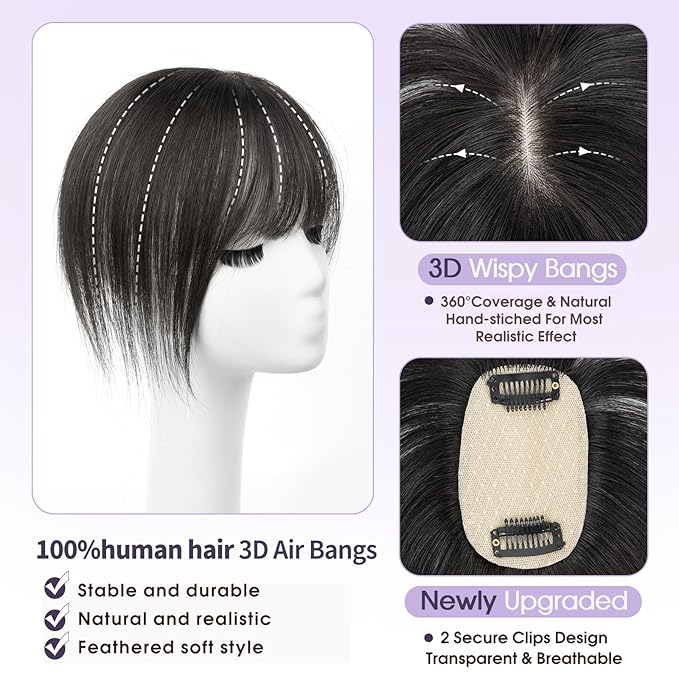 10 Inch Real Human Hair Topper with Bangs for Women Covers Thinning Crown, Clip-In Hair Topper for Thinning Hair (Natural Black)