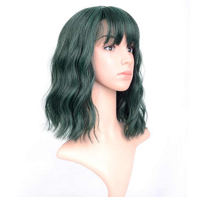 FAELBATY Short Green Wigs With Air Bangs Shoulder Length Bob Wig For Women Curly Wavy Synthetic Cosplay Wig for Girl (12" Dark Green)