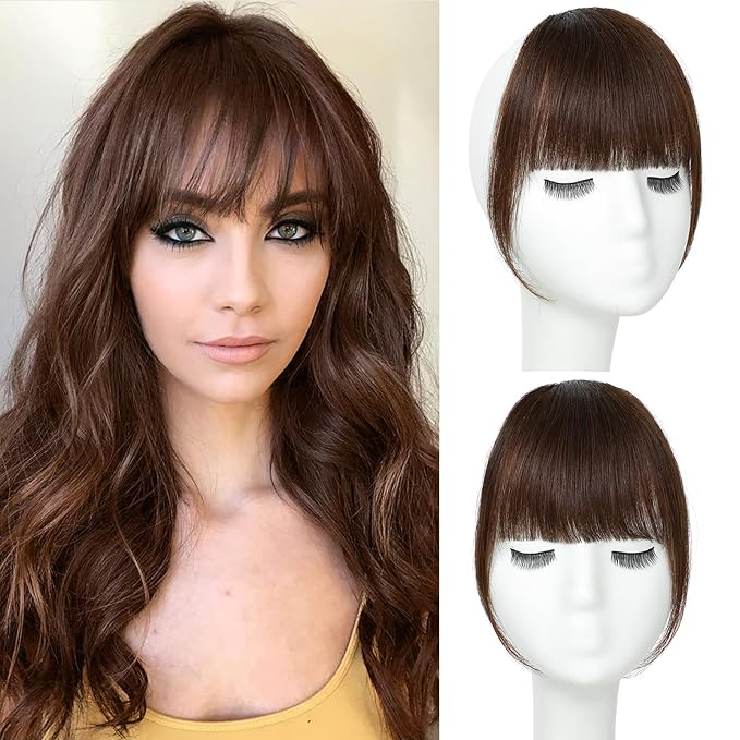 Clip in Bangs 100% Real Human Hair, French Bangs Hair Clip, Fake Bang Fringe with Temples Hairpieces for Women Daily Wear (Medium Brown, French Bangs)