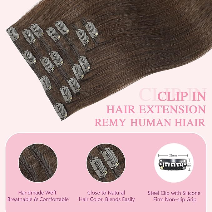 PINKPEARL Human Hair Clip in Hair Extensions 14inch #4 Chocolate Brown Clip in Hair Extensions Real Human Hair 7pcs 120g Natural Human Hair Clip ins for Women(#4-14)