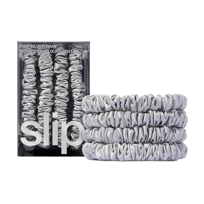 slip Silk Skinny Scrunchies - Silver | Set of 4 Skinny Scrunchies | 100% Mulberry Silk, Anti-Crease, Gentle on Hair, Reduces Breakage | Stylish & Durable, Ideal for All Hair Types