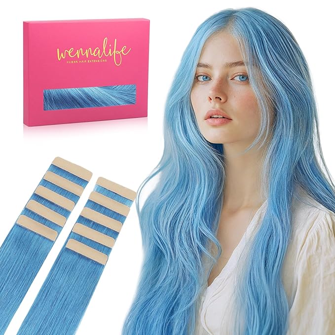 WENNALIFE Tape in Hair Extensions Human Hair SkyBlue Tape in Extensions, 10pcs 25g 18 inch Remy Invisible Tape Ins Straight Colored Soft Real Human Hair Tape in Extensions Refill Set Extensions