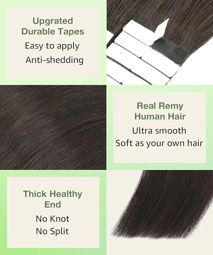 SURNEL Tape in Hair Extensions Human Hair Color 2 Darkest Brown 18 inch Tape in Hair Extensions 20 pcs 50g(#2-18)