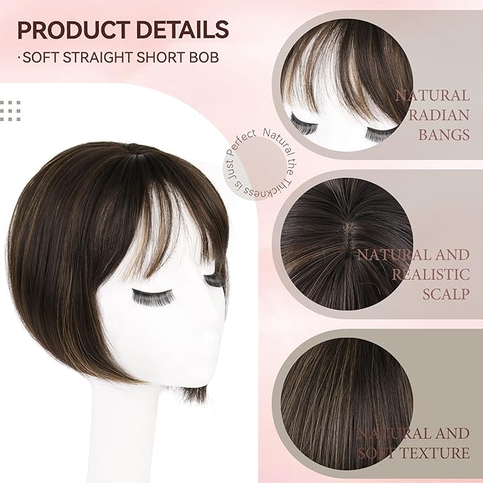 LEEONS Hair Toppers for Women with Bangs Short Bob Synthetic Pieces for Thinning Hair Side Part (Dark Brown with Highlights)