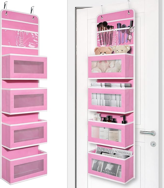 Giraffe Creation Over Door Organizer with 4 Large Capacity Pockets, Hanging Organizer Storage for Closet Bathroom Nursery Bedroom Dorm, Toys Cosmetics Sundries and Baby Essentials, Pink