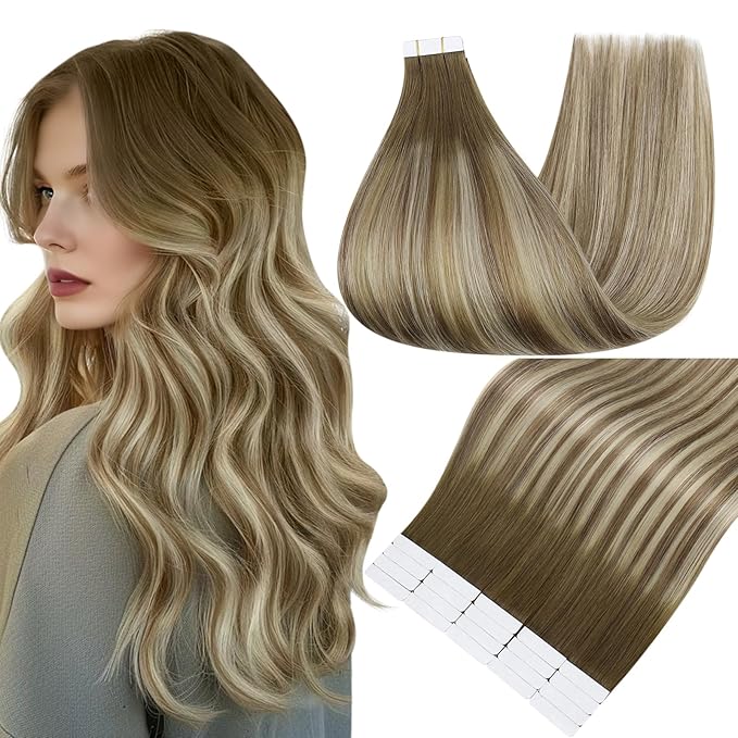 Full Shine Tape in Hair Extensions Human Hair 20 Inch Ombre Color 3 Fading to 6 Brown and 22 Blonde Balayage Straight Remy Human Hair Tape in Extensions 20 Pieces Soft and Silky 50 Grams Add Length