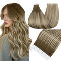 Full Shine Tape in Hair Extensions 18 Inch Seamless Human Hair Extensions Tape Ins Ombre Color 3 Dark Brown Fading to 6 and 22 Adhesive Tape in Extensions 20 Pcs 50 Gram Remy Hair Add Volume
