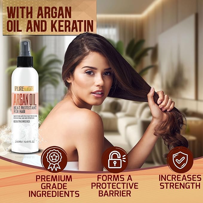 Moroccan Argan Oil Heat Protectant Spray for Hair - Leave In Thermal Guard against Flat Iron, Straightener and Blow Dry Damage - Hydrating Anti Frizz Control for Straight, Black and Curly Locks