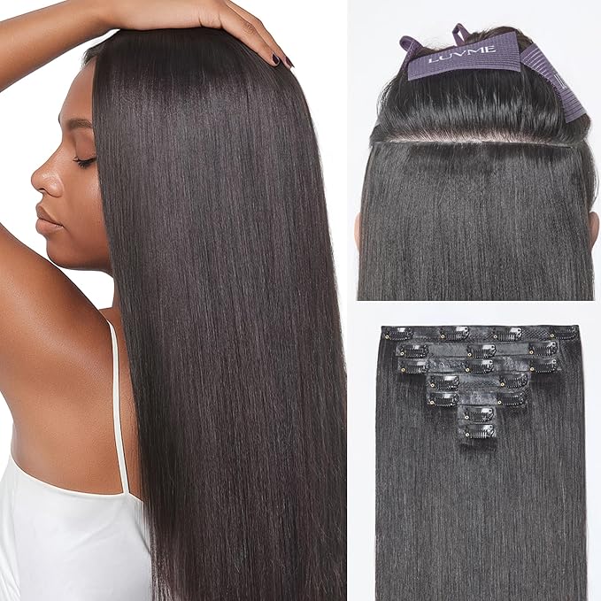 LUVME 0.59mm Zero Trace Invisible Clip in Hair Extensions, Yaki Straight 6 Pcs 100g 22 Inch, 100% Real Human Hair Clip Ins, Zero Trace Wide Wefts, Fast Clip In Routine for Office & Special Events
