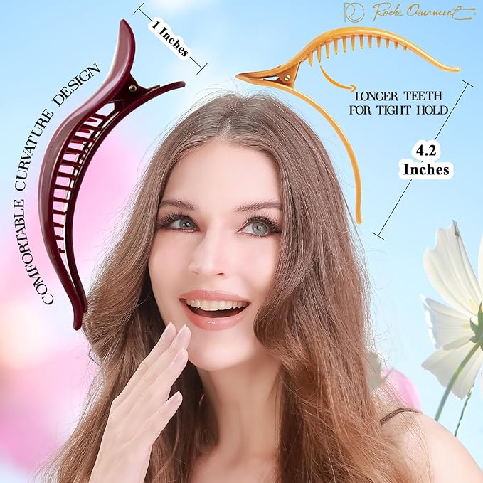RC ROCHE 6 Pcs Duck Bill Alligator Hair Clips for Women Sectioning Flat Claw Long Thick Hair Inner Teeth Curved Styling Jaw Strong Secure Grip Salon, Large Classic Multicolor