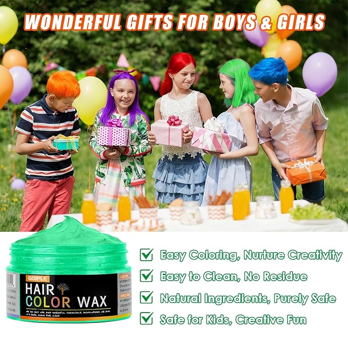 6 Colors Temporary Hair Color Wax for Christmas Party-Green Purple Orange Pink Red Blue Washable Dye for Kids, Men&Women | Stocking Stuffers | Non-Sticky Hair Dye Wax for Cosplay Party&Daily Fun(4 oz)