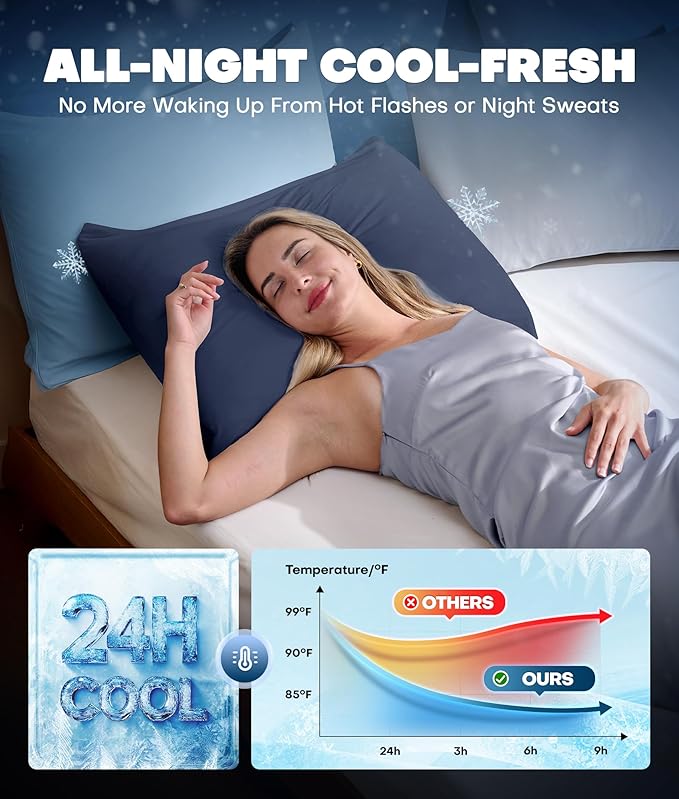 Ultra-Chill Cooling Pillowcase Set of 2 for Hot Sleepers, Softer Than Silk Pillow Cases for Protecting Hair & Skin, Breathable Bed Pillow Covers w/Zipper, Gifts for Women & Men (Navy Blue, Queen)