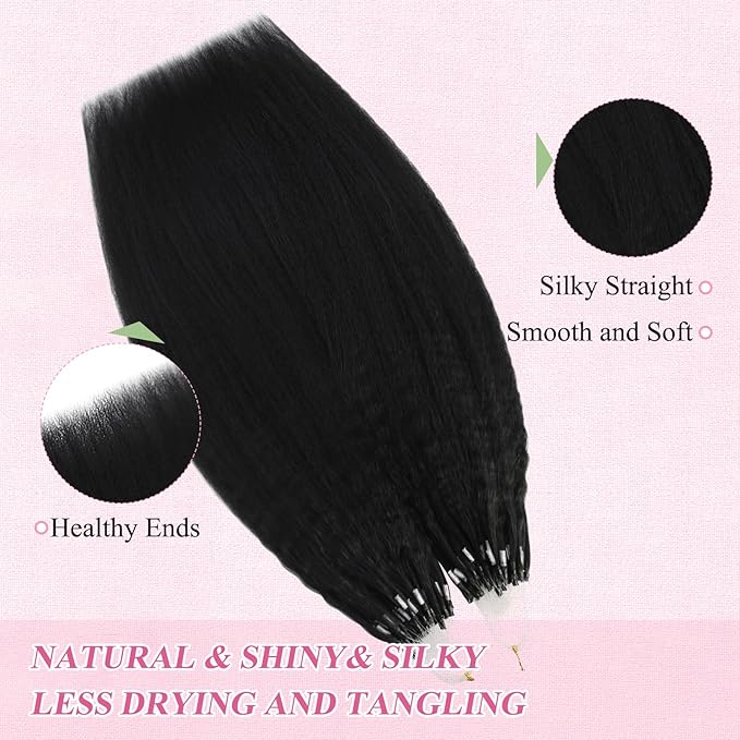 YoungSee Micro Beads Hair Extensions Human Hair Kinky Straight 22 Inch Black Microbead Hair Extensions Human Hair Black 50g Beaded Hair Extension Yaki 50s Invisible Microloop Remy Hair