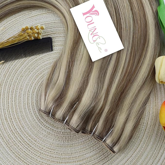 YoungSee 130G Wire Hair Extensions Real Human Hair Highlight Brown to Blonde Wire Hair Extensions for Women Light Brown Mix Platinum Blonde Fish Line Hair Extension 20In