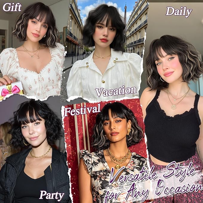 BARSDAR Short Wavy Black Wig with Bangs - Short Black Wavy Wigs for Women - Soft Synthetic Textured Curly Chic French Bob Wig with Face-Framing Bangs Natural Looking Daily Party Halloween