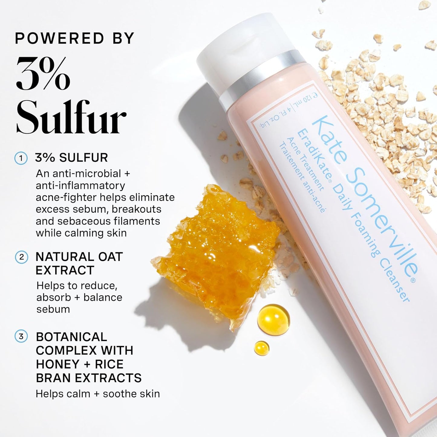 Kate Somerville EradiKate 3% Sulfur Daily Foaming Cleanser Acne Treatment – Clinically Formulated Medicated Face Wash Balances Skin and Cleans Pores, 2-Pack of 4 Fl Oz Each