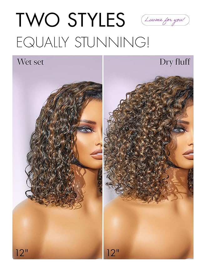 LUVME HAIR 100% Human Hair Wigs Curly Deep Wave Glueless Lace Front 16 Inches Pre Cut Plucked Hd Lace Short Wig Ready To Go Highlight Color Straight Bleached Knots Side Part Black Wigs