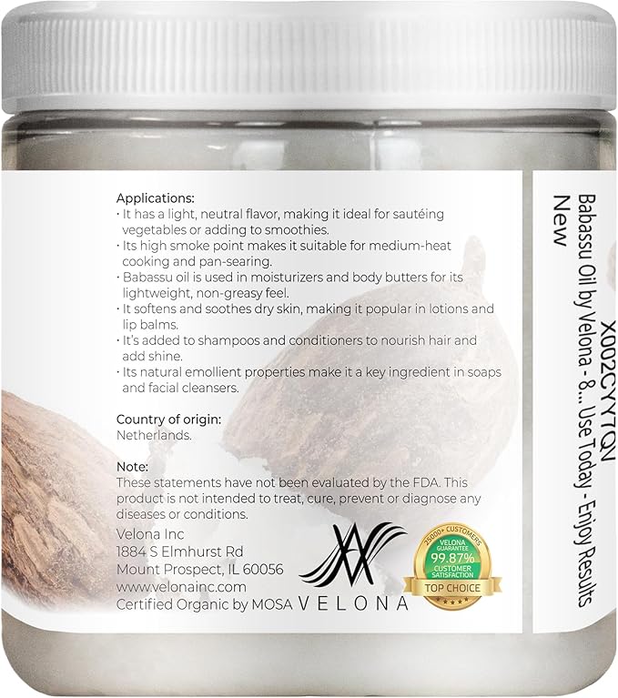velona Babassu Oil USDA Certified Organic - 8 Fl Oz | 100% Pure and Natural Carrier Oil | Refined, Cold Pressed | Face, Hair, Body & Skin Care and Cooking | Use Today - Enjoy Results…