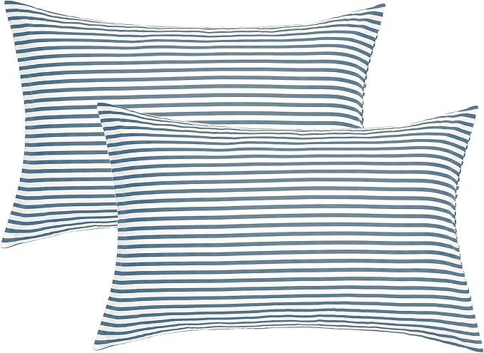 JELLYMONI 100% Natural Cotton Striped Queen Pillowcases Set, 2 Pack White and Grayish Blue Stripes Pattern Printed Pillow Covers with Envelope Closure(Pillows are not Included)