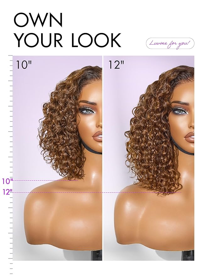 LUVME HAIR 5X5 Deep Curly 12 Inch 100% Human Hair Wigs Curly Deep Wave Glueless Lace Front 12 Inches, Pre Cut Plucked Hd Lace Short Wig Ready To Go Mix Brown Color Straight Bleached Knots Black Wigs