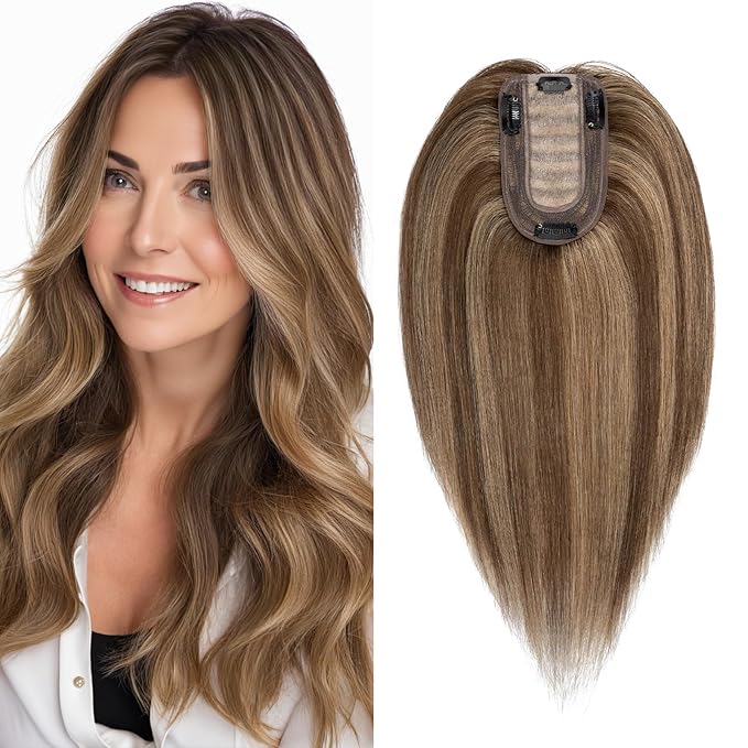 SEGO Real Human Hair Topper for Women, No Bangs Hair Topper with Anti-Slip Clips (18 Inches Medium Brown Mix Dark Blonde)