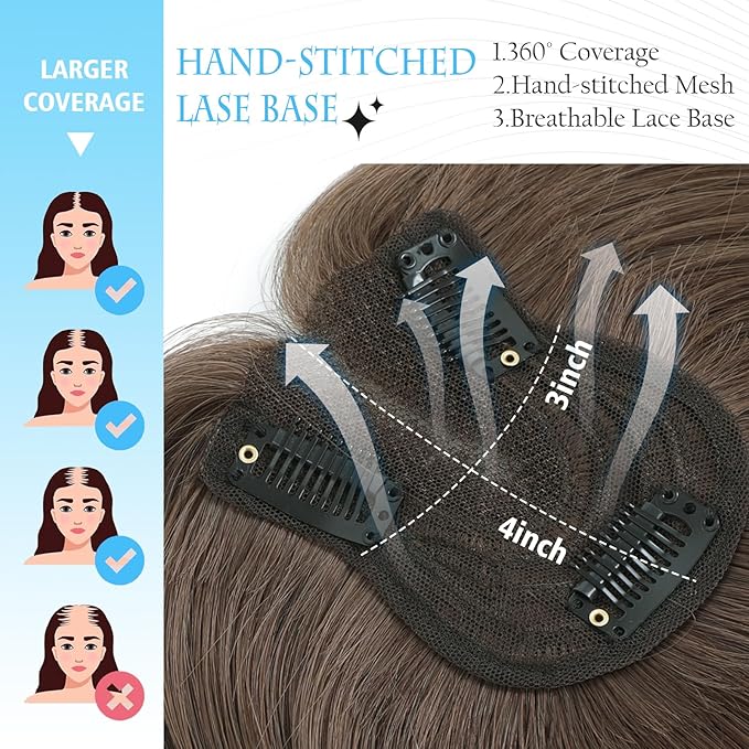 Human Hair Toppers for Women Real Human Hair pieces for Women with Thinning Hair pieces 7 * 10cm Hand-Tied Swiss Base Topper No Bangs 30g Hairpieces 10Inch(Medium Auburn Brown)