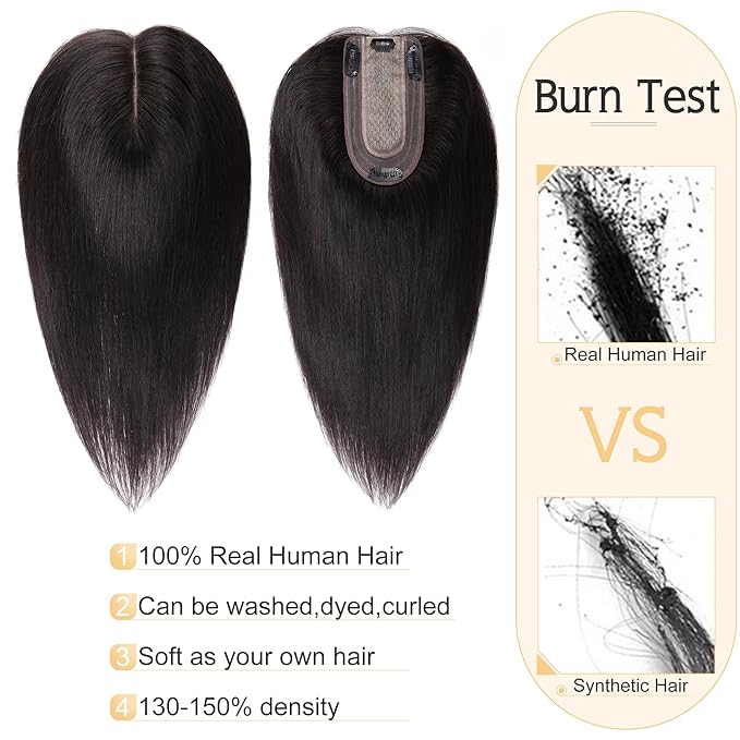 SEGO Human Hair Toppers for Women With Thinning Hair, 7 * 13CM Silk Base 100% Real Human Hair Clip in Top Wiglet Hairpieces -18 Inch No Bangs Natural Black