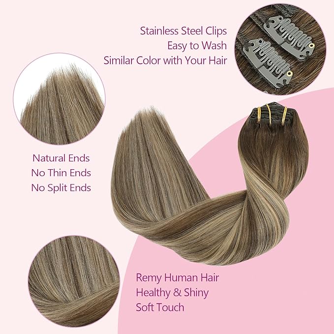 PINKPEARL Clip in Hair Extensions Human Hair, Remy Human Hair Clip ins for Women #4/27/4 Chocolate Brown to Caramel Blonde Balayage Clip Hair Extensions 7pcs 120g 14inch(#4/27/4-14)