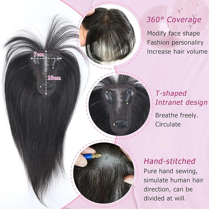 Hair Toppers for Women Real Human Hair Topper Clip in Bangs 360° Cover Remy Human Hair Straight Hairpieces for Thinning Realistic Scalp Swiss Lace Base Clip on Bangs Cover Gray Hairy Roots Black