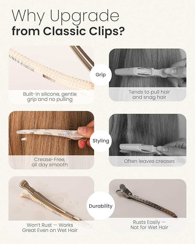 AIMIKE 4.8" Shell Pattern Clips for Styling – Built-In Silicone Band Duckbill Hair Clips, No-Crease Non-Slip Sectioning Clips for Thick, Curly Hair, Ideal for Makeup, Hairstyling & Rollers, 4-Pack