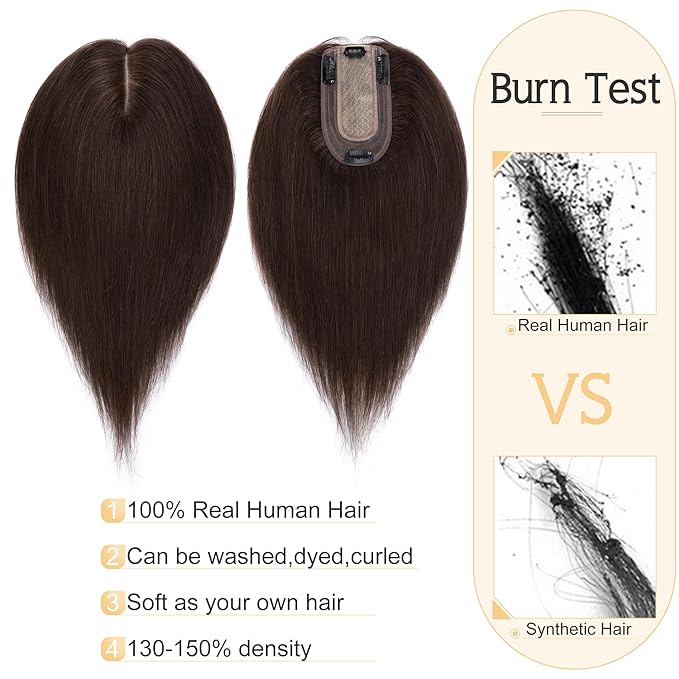 SEGO Human Hair Toppers for Women With Thinning Hair, 7 * 13CM Silk Base 100% Real Human Hair Clip in Top Wiglet Hairpieces -14 Inch No Bangs Dark Brown