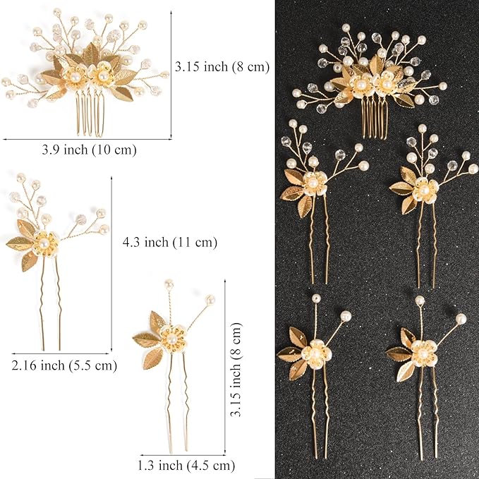 Wedding Hair Pins - Elegant Pearl Leaf Crystal Hair Accessories for Bridal Women (Gold)