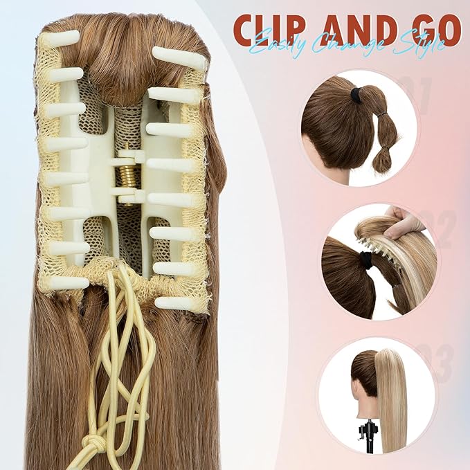 Hairro Clip On Ponytail Hair Extensions Jaw On Claw Clip Ponytails Real Hair Long Jaw/Claw Pony Tail With Clips Hairpieces For Women 22 Inch 120g #27 Dark Blonde