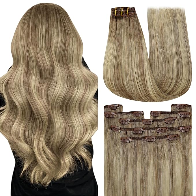 YoungSee 150g Hair Extensions Clip ins Light Brown Clip in Hair Extensions Balayage Hair Clip in Extensions Light Brown Ombre Plaitnum Blonde Highlights Dyable Remy Hair 7pcs 20inch