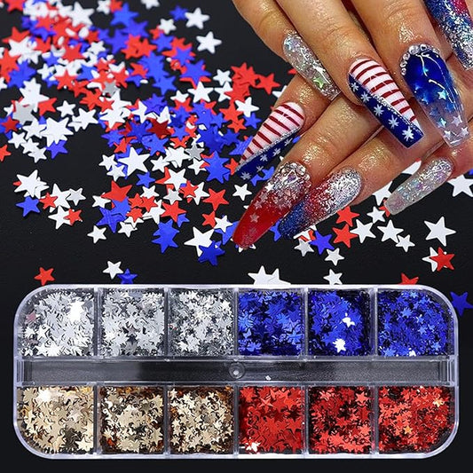 12 Grid July 4th Nail Art Glitter Sequins Independence Day Star Nail Decal Gold Glitter Flakes for Women