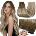Full Shine Tape in Human Hair Extensions Color 3 Dark Brown Ombre 8 Ash Brown And 22 Blonde Long Tape Weft Tape in Hair Extensions 20Inch Seamless Double Weft Extensions 50G One Piece